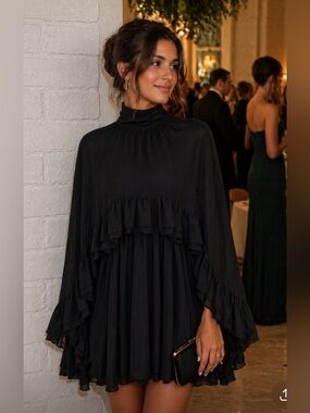 Commense Black Semi-Sheer Chiffon Ruffle Dress With Outer Cape large NWT
